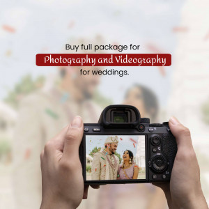 A person holding a camera with a wedding couple displayed on the screen, advertising photography and videography services.