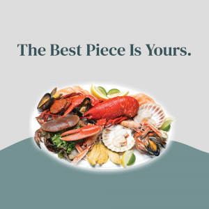 A vibrant platter of various seafood including lobster, mussels, crab, and salmon.
