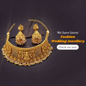 Gold necklace and earrings set with pearl details, advertising wedding jewellery.