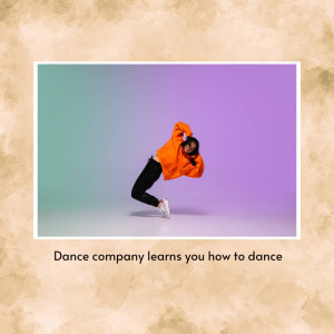 A dancer in an orange jacket and black pants performing a dynamic pose against a gradient purple and teal background.