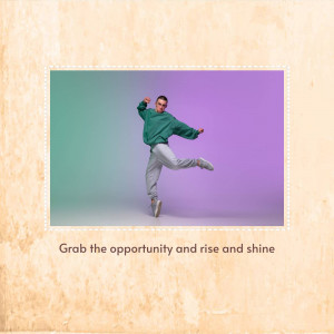 Young man posing dynamically against a gradient background with motivational text.