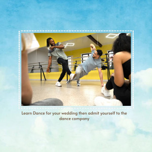 Two men dancing in a dance studio with a woman partially visible, promoting dance lessons for weddings.