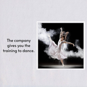 Ballerina dancing in a cloud of smoke with text promoting dance training.