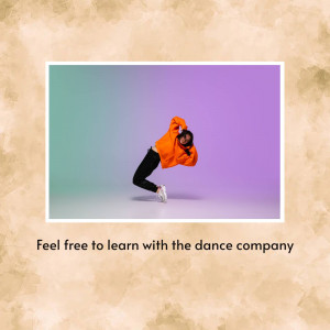 A young woman dancing in front of a gradient background with text promoting a dance company.