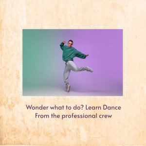 A young man dancing in front of a gradient background with text promoting dance lessons.