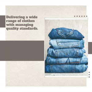 Stack of denim jeans with text overlay promoting clothing quality