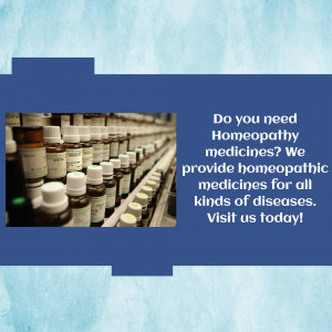 Rows of homeopathic medicine bottles with text promoting homeopathic treatment.