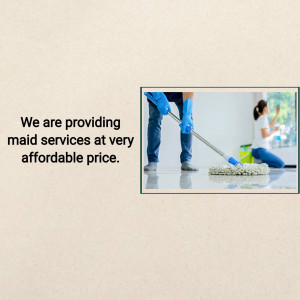 Person mopping a floor with a woman cleaning in the background, advertising maid services.