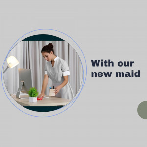 A maid cleaning a desk in a home office