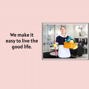 A smiling cleaning lady holding cleaning supplies in an office setting.