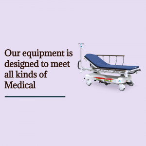 A medical stretcher bed with blue padding and IV pole against a lavender background.