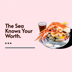 A promotional image featuring a large seafood platter with crab legs, shrimp, oysters, and a beer.