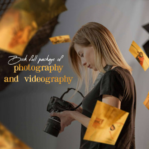 Woman with camera surrounded by falling autumn leaves