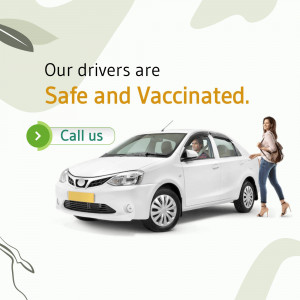 Image of a white car with a driver and a passenger, promoting safe and vaccinated drivers.