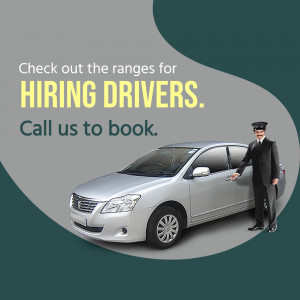 Image of a chauffeur standing next to a car with text 'Hiring Drivers'