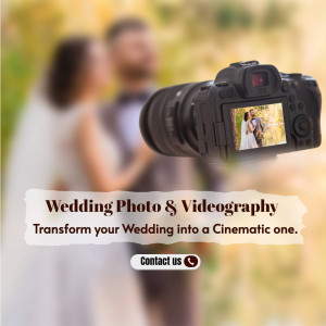 Wedding photography and videography services advertisement with a DSLR camera in focus and a couple in the background.