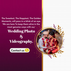 Wedding photo and videography advertisement with a couple in traditional attire.