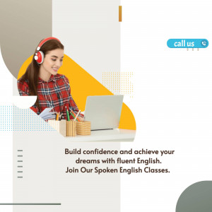 Woman with headphones and laptop learning English online