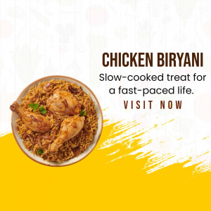 Close-up of a plate of Chicken Biryani with text overlay