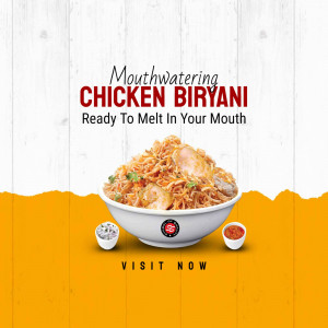 Close-up of a delicious Chicken Biryani served in a white bowl.