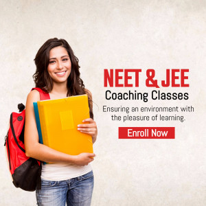 A young woman with books and a backpack promoting NEET & JEE coaching classes.
