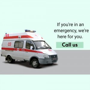 White ambulance with red stripes and a call to action for emergencies