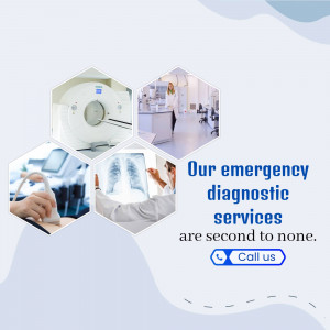 Image showcasing various medical diagnostic equipment and a doctor in a lab, promoting emergency diagnostic services.