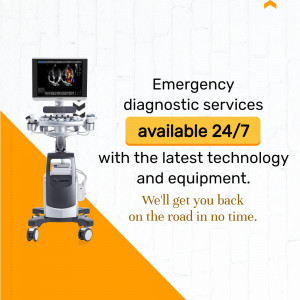 Medical ultrasound machine with text advertising 24/7 emergency diagnostic services.