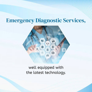 Image depicting emergency diagnostic services with a doctor using a tablet and a hexagonal technology background.