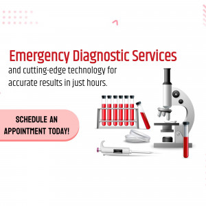 Image depicting emergency diagnostic services with medical equipment and text.