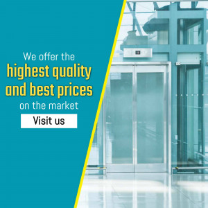 Modern elevator in a commercial building with promotional text