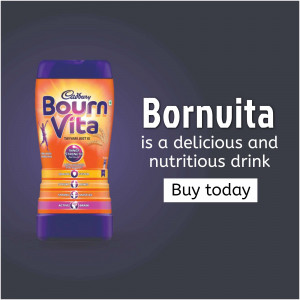 Bournvita health drink product packaging with text 'Bournvita is a delicious and nutritious drink'