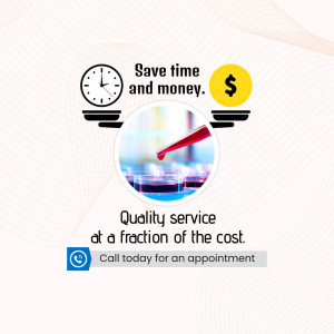 Image promoting lab services with a clock, dollar sign, and lab equipment.