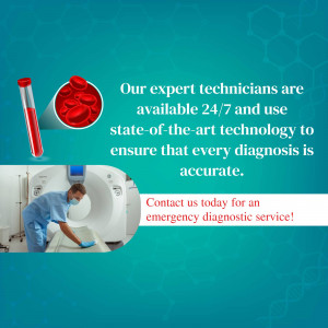 Image depicting medical technicians, diagnostic equipment, and a blood sample, promoting 24/7 emergency diagnostic services.