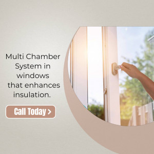 Close-up of a hand opening a multi-chamber window with text promoting insulation benefits.