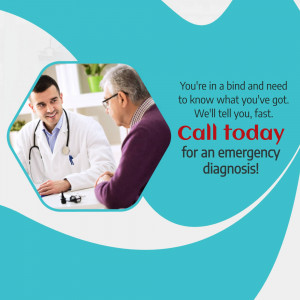 Doctor consulting with a patient, promoting emergency diagnosis services.