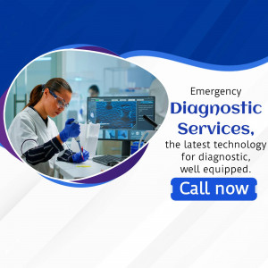 A healthcare professional working in a laboratory with diagnostic equipment and a call to action.