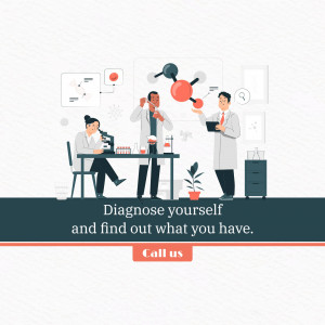 Illustration of scientists in a lab with a call to action for self-diagnosis.