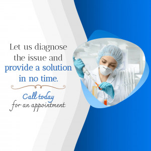 Scientist working in a lab with text promoting diagnostic services