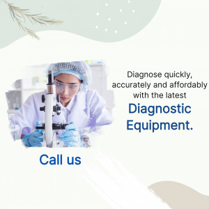 A female scientist using a microscope with text promoting diagnostic equipment.
