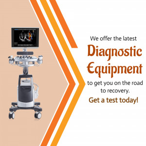 Ultrasound machine with a screen displaying a medical image, promoting diagnostic equipment services.