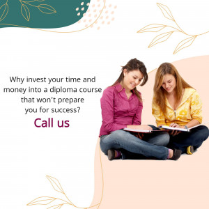 Two young women discussing a diploma course, with a call to action.