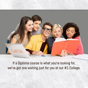 Group of students collaborating on a laptop and books, promoting a diploma course.