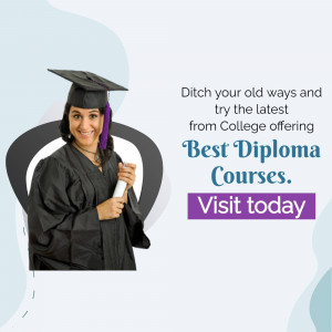 A graduate in cap and gown promoting diploma courses.
