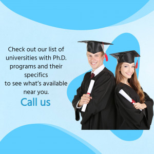 Two graduates in caps and gowns promoting PhD programs