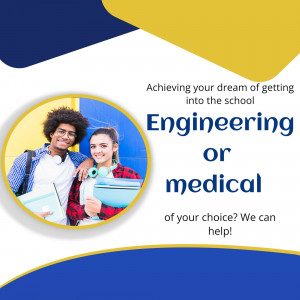 Two students smiling and looking at the camera, promoting engineering or medical school admission help.