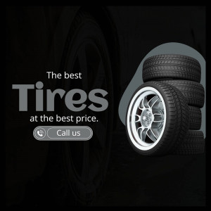 Stack of tires with a wheel and promotional text