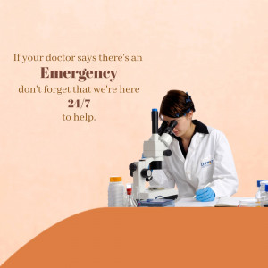 A female doctor looking through a microscope with text stating 'Emergency 24/7'