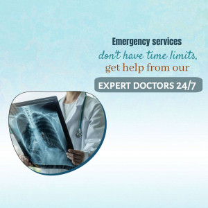 Doctor examining an X-ray with text promoting 24/7 emergency medical services.