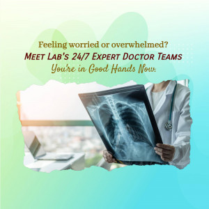 Doctor holding an X-ray with text promoting 24/7 expert doctor teams.